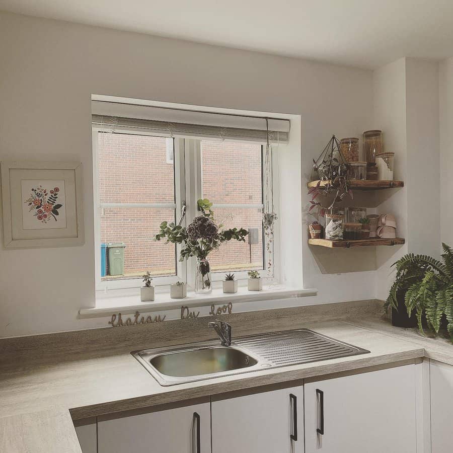 Cozy kitchen with a stainless steel single sink, built-in drainboard, wooden countertops, open shelving, and potted plants for a fresh touch