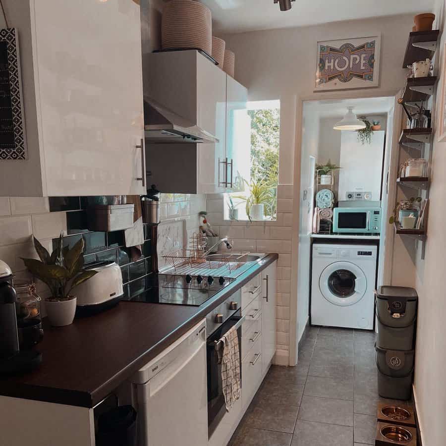 Small galley kitchen with beveled tiles