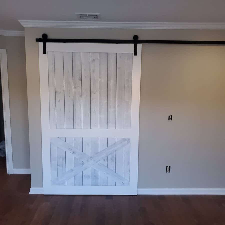 White sliding barn door on a beige wall with dark brown wood floor