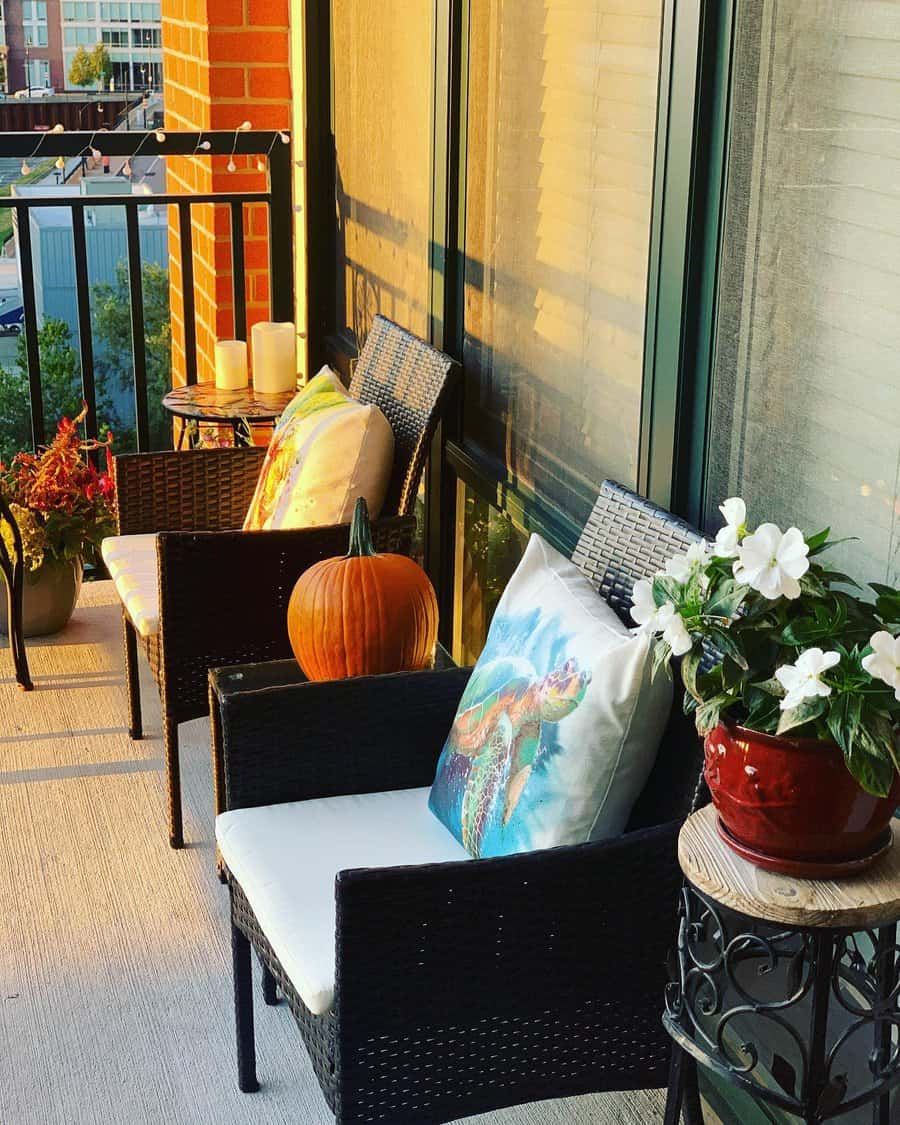 apartment patio with wicker furniture