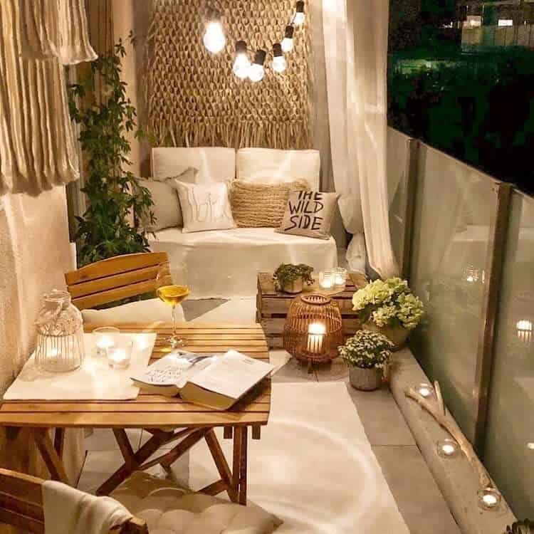 Small balcony with string lights 