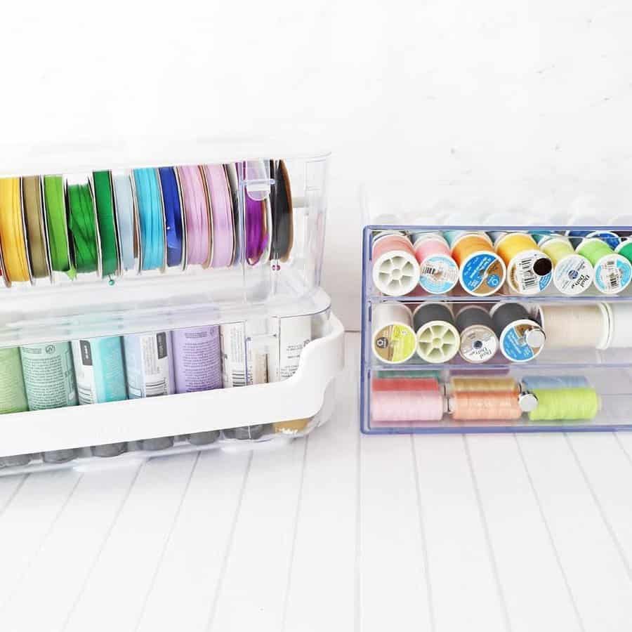 Ribbon and thread spools in clear organizers