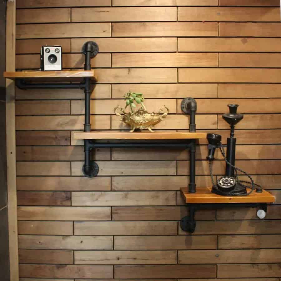 Wooden wall with industrial-style shelves holding a vintage camera, decorative bowl with plant, and antique telephone