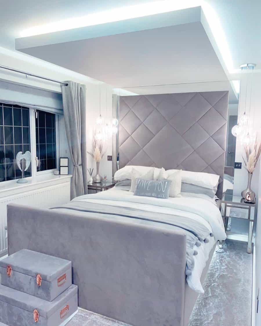 grey bedroom with LED lighting