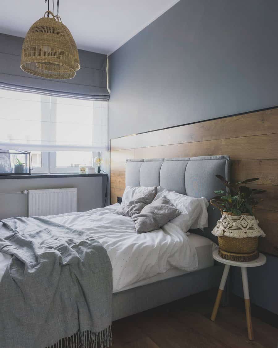 grey bedroom with light wood accent
