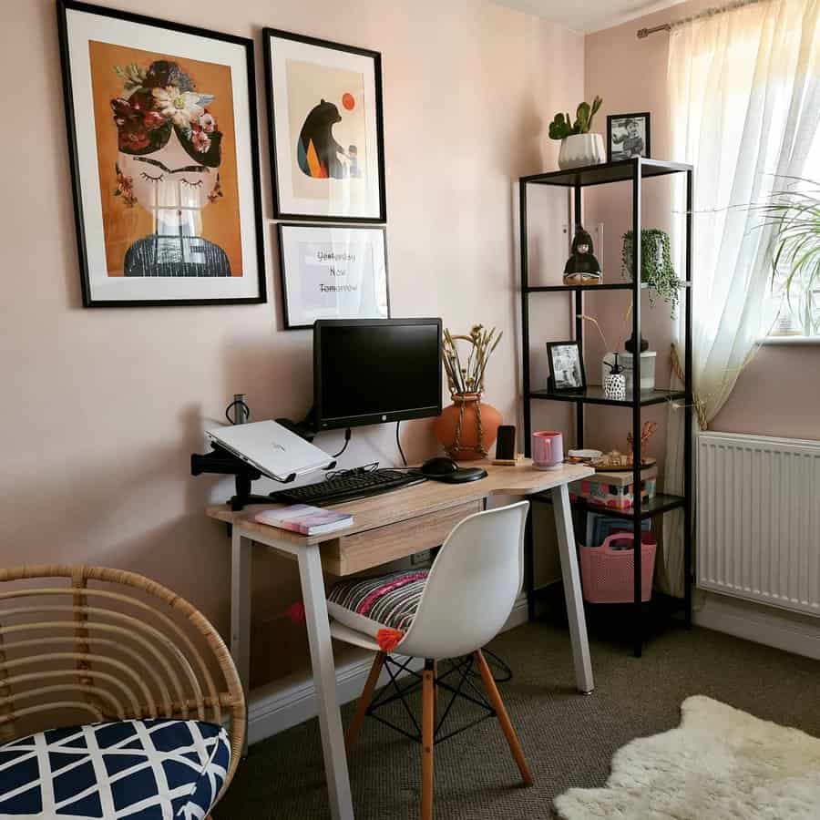 home office with art gallery wall