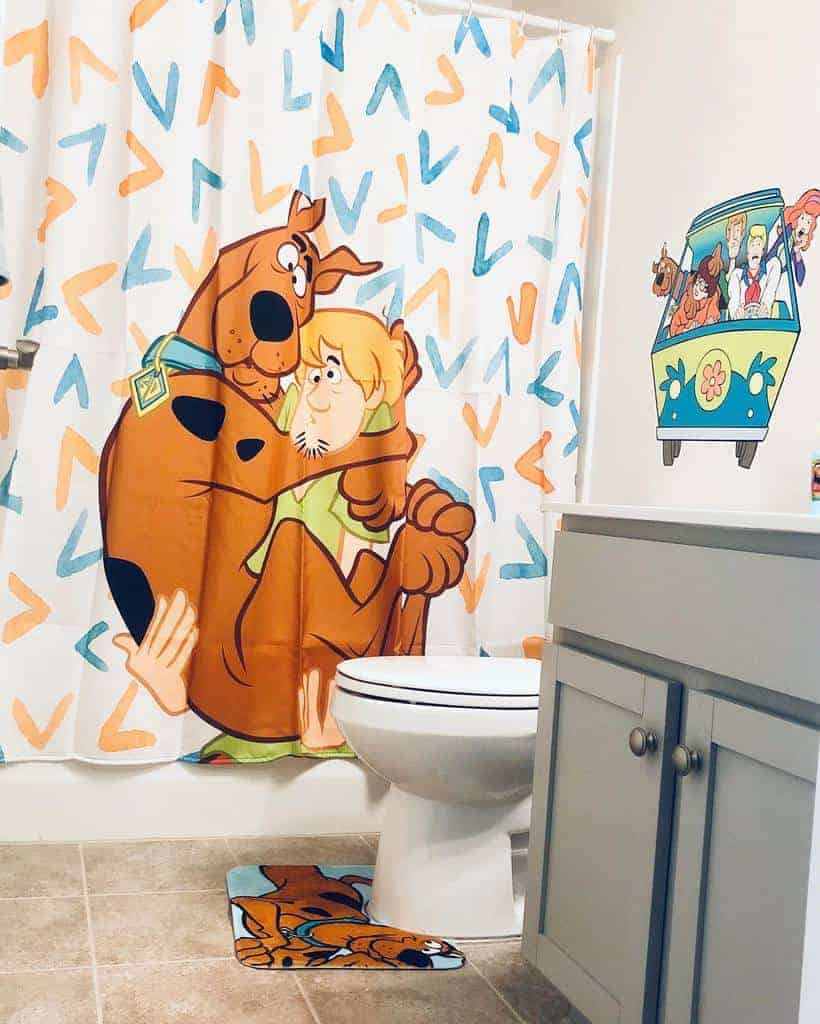 cartoon-themed shower curtain