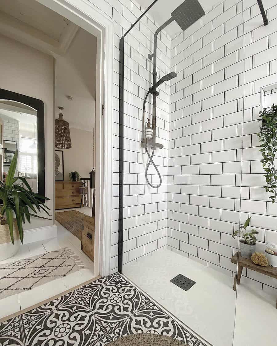 walk-in shower with beveled tiles