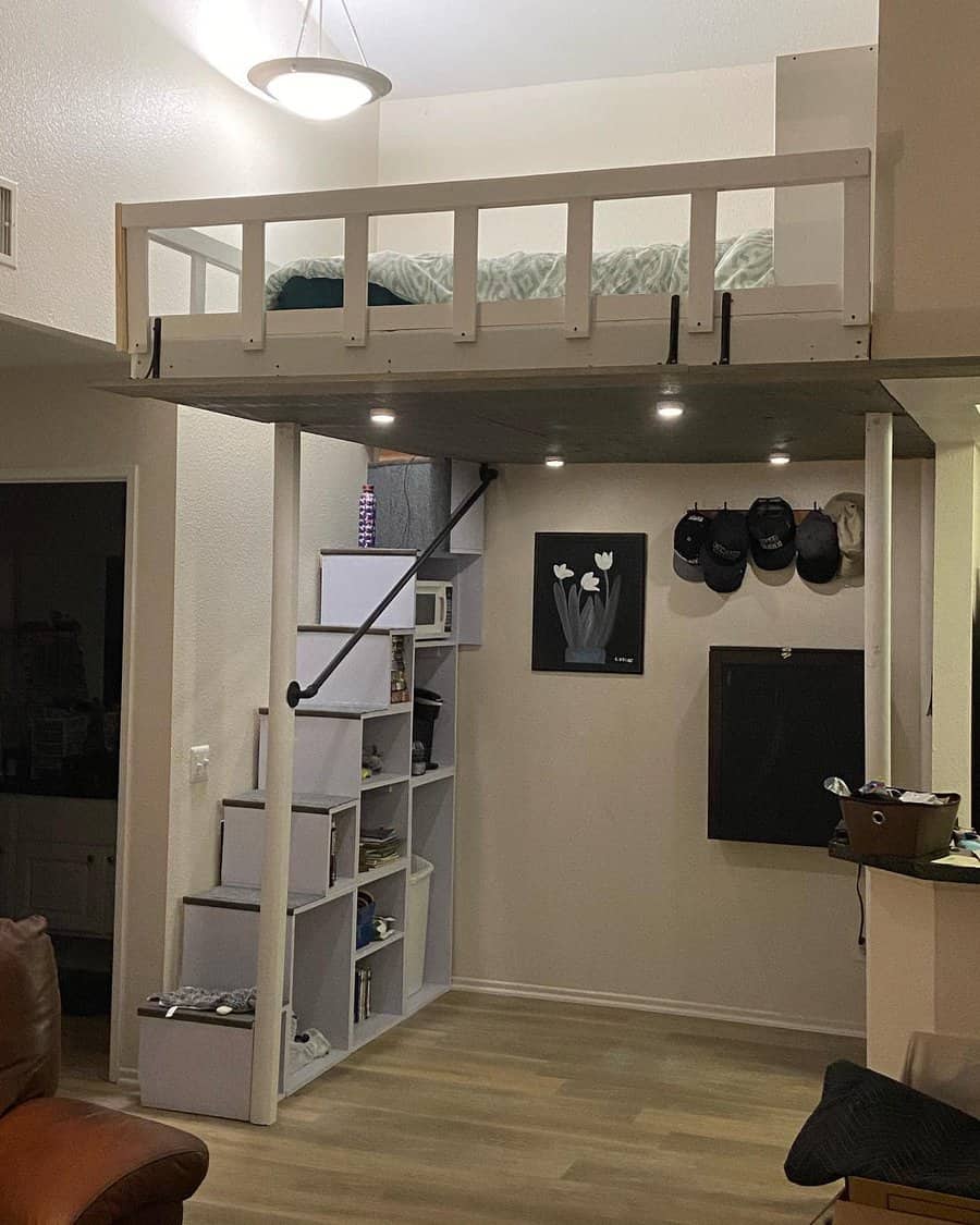 loft bed with built-in shelves