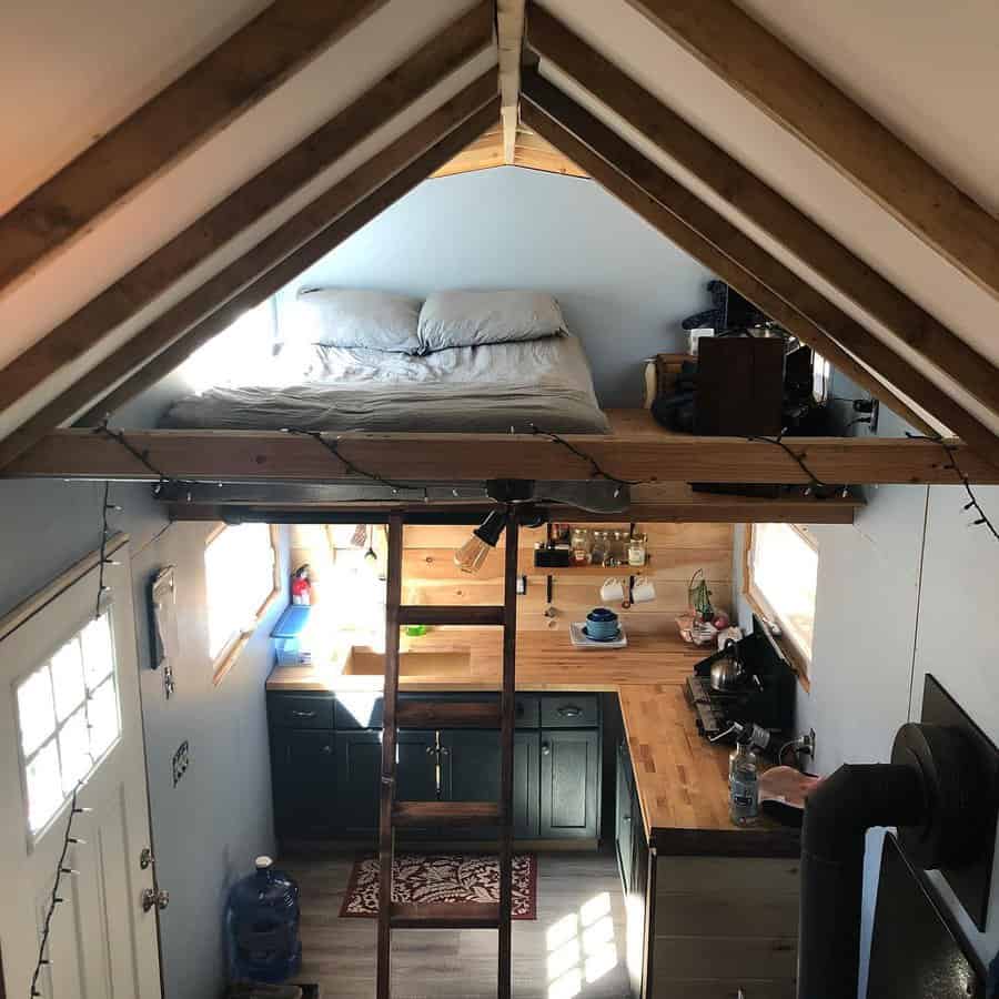 Loft bed above the kitchen