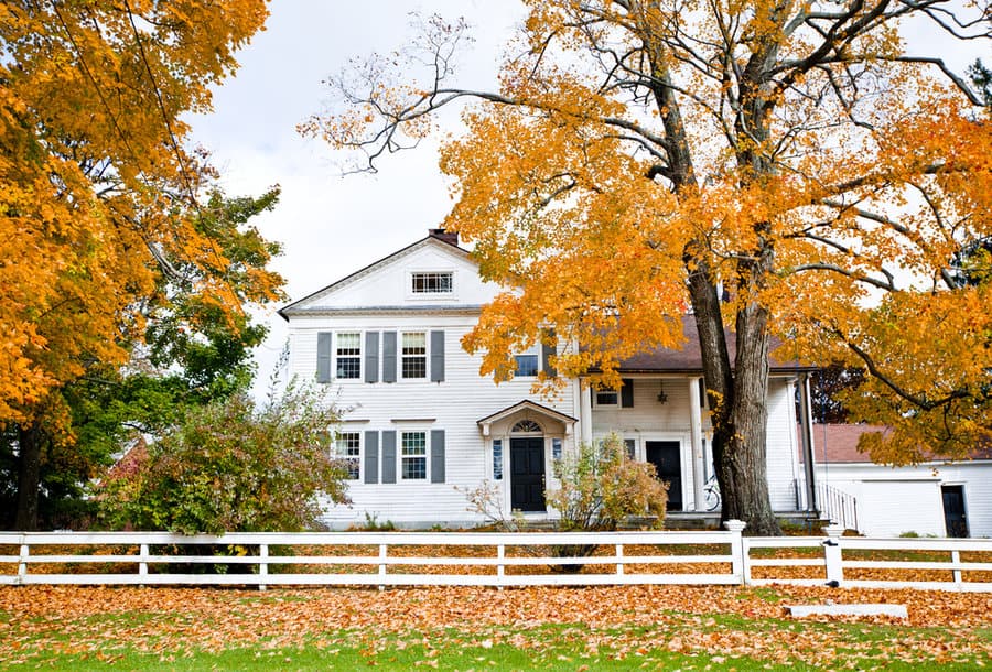 Colonial house with grass lawn