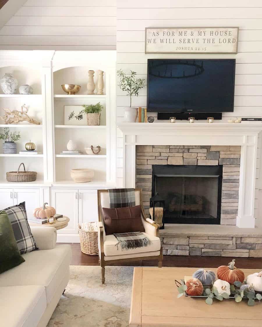 stamped stone fireplace