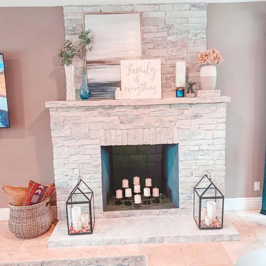 Stamped stone fireplace wall