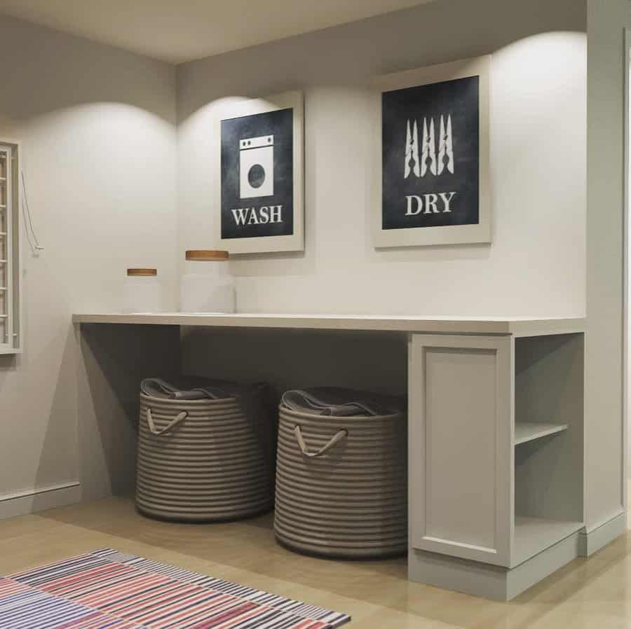 Basement laundry with wooden wall art 