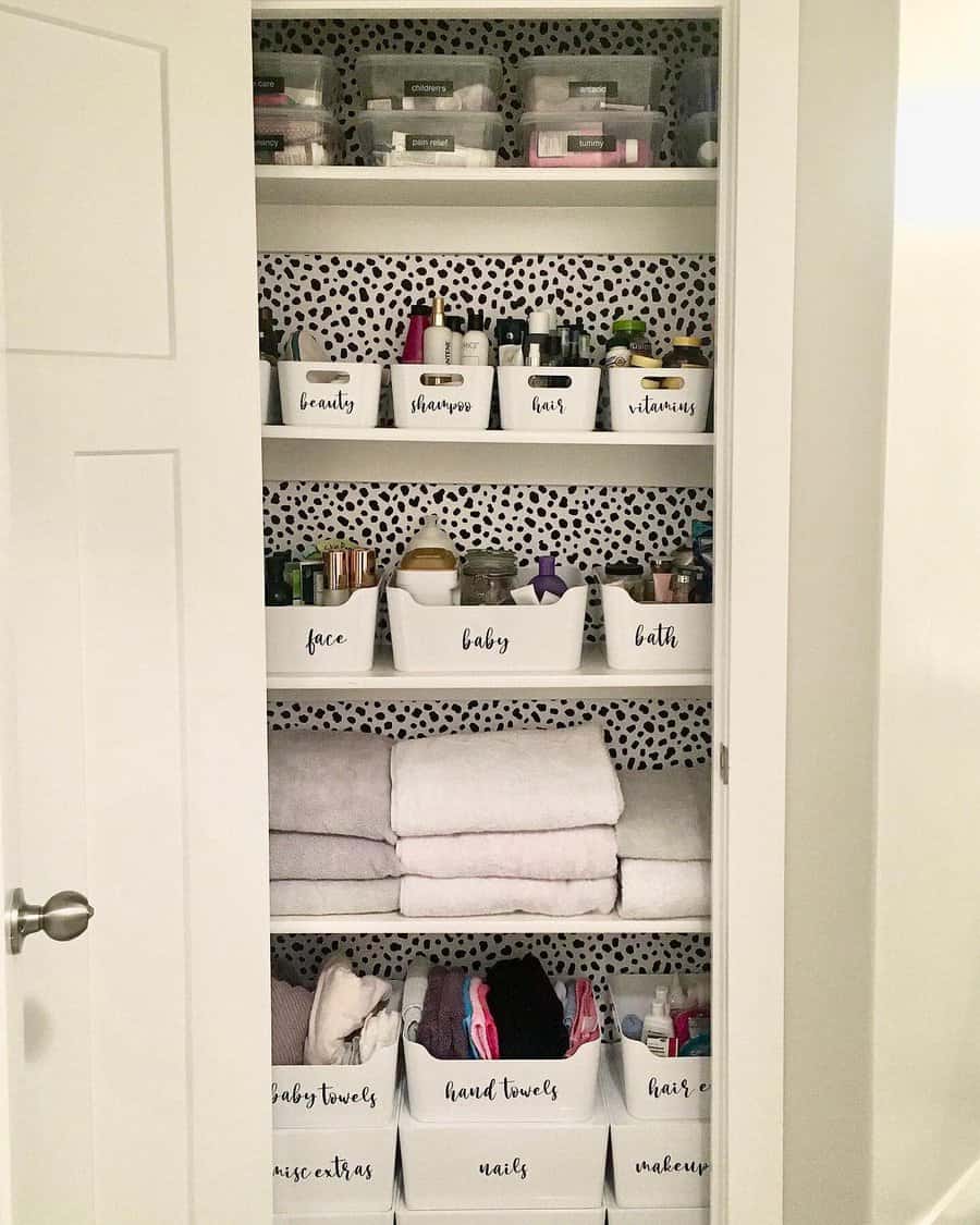 Bathroom closet with labeled containers