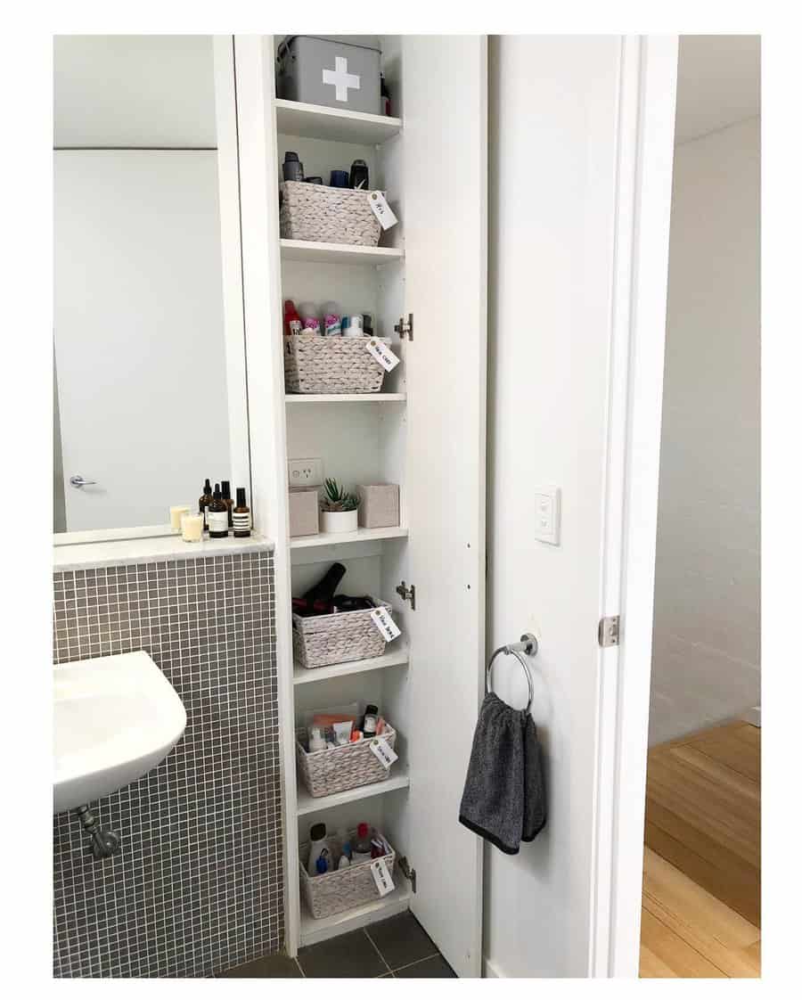 Bathroom closet with baskets