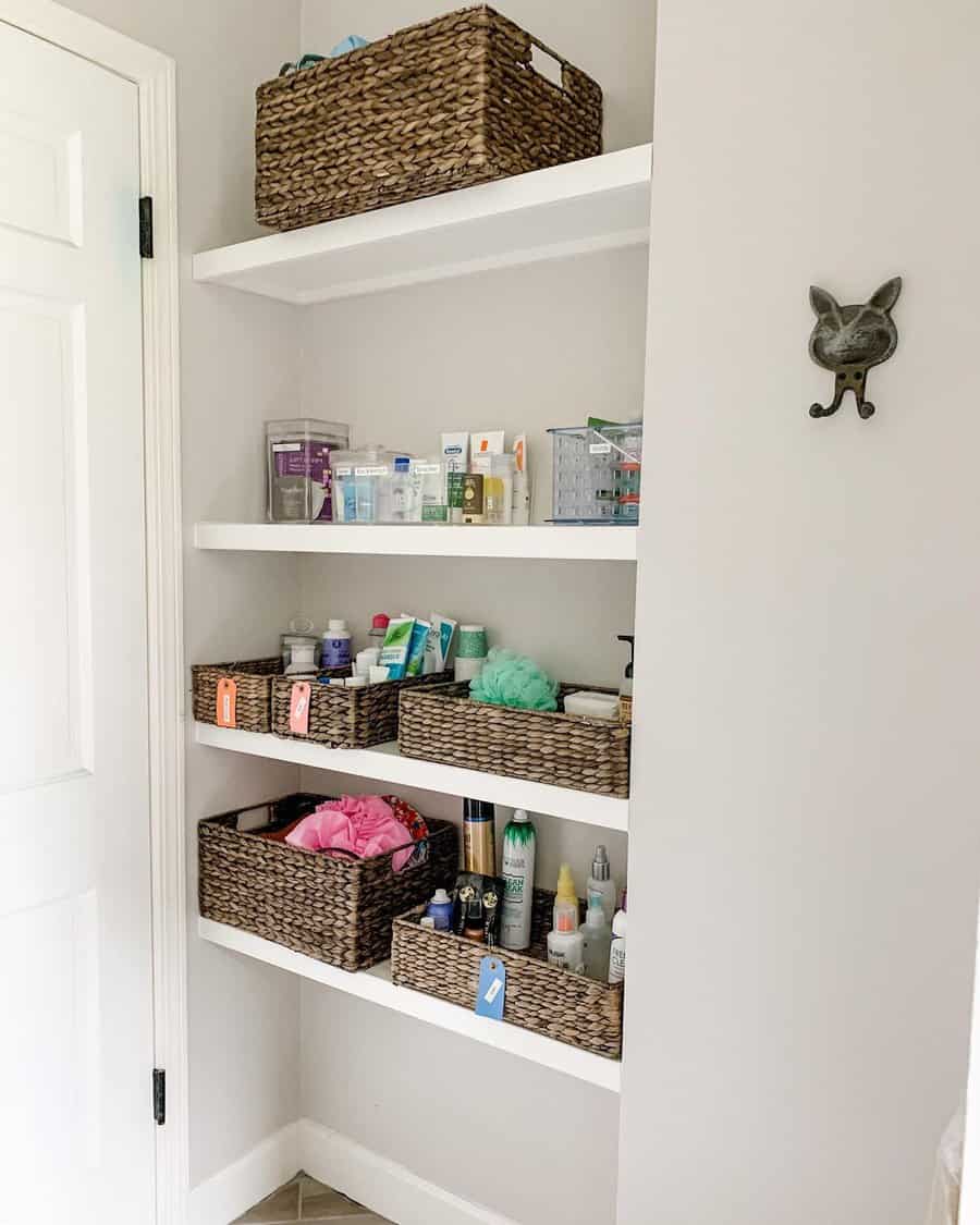 Bathroom closet with wicker organizer