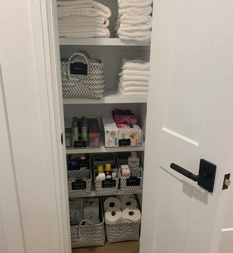 Bathroom closet with basket organizer