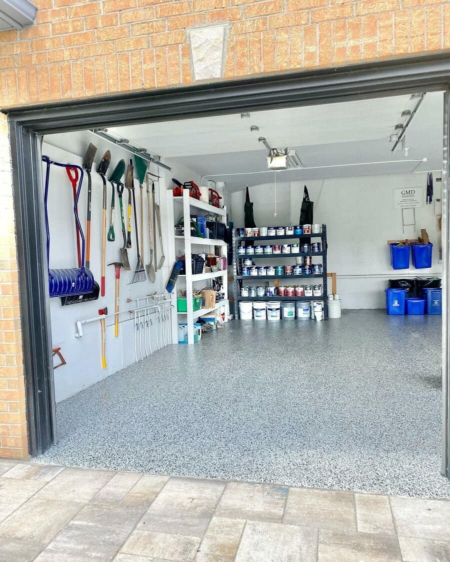 Garage man cave with shelving units