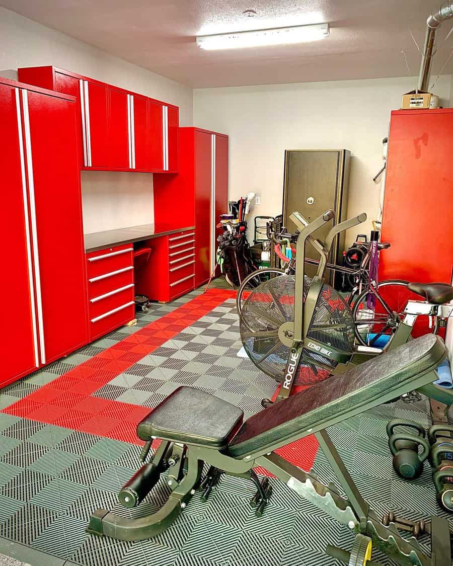 garage man cave with shelving units