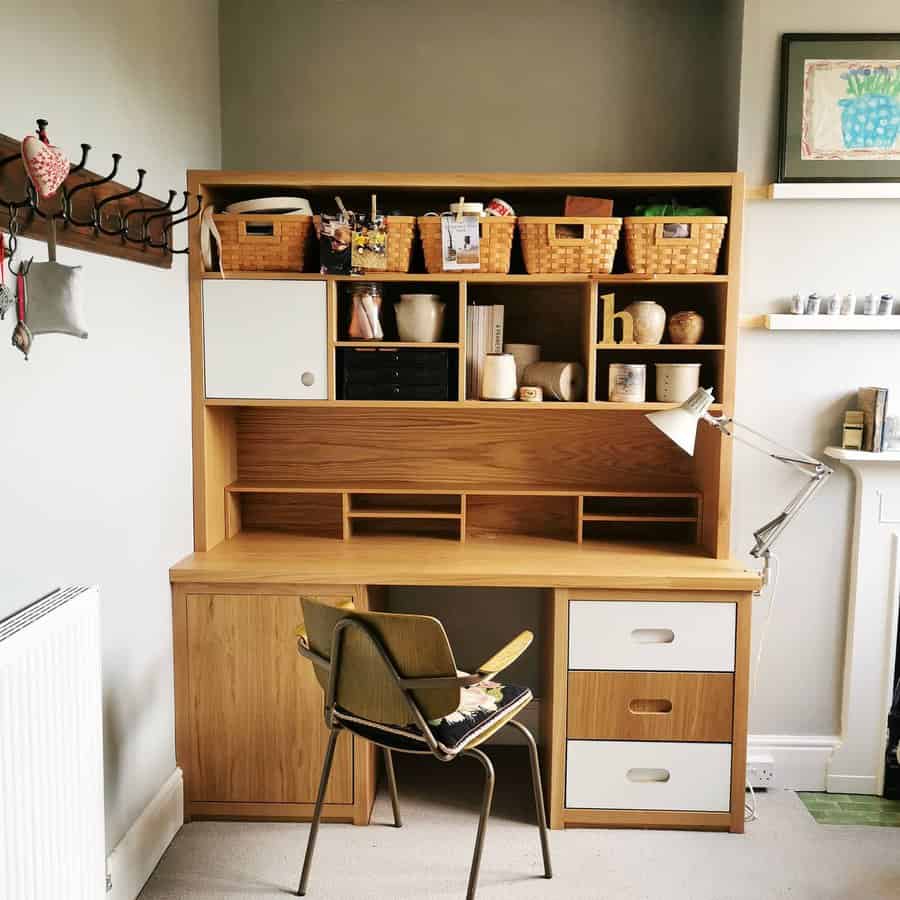 office desk with bookshelves