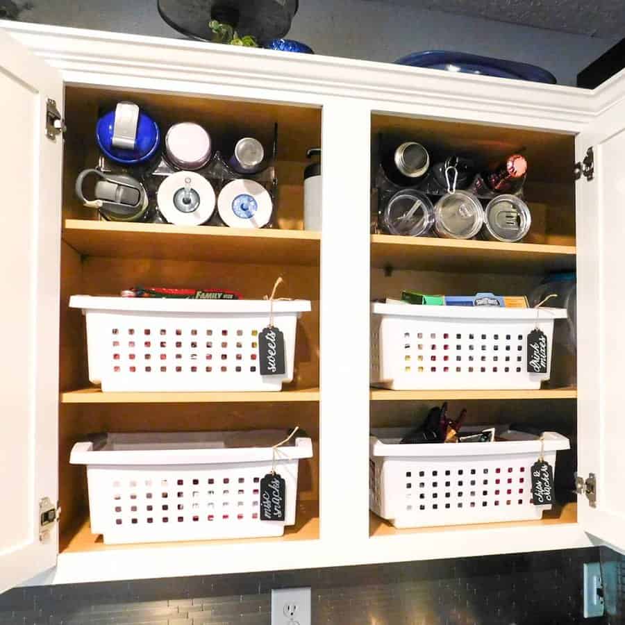 pantry shelf with plastic organizers 