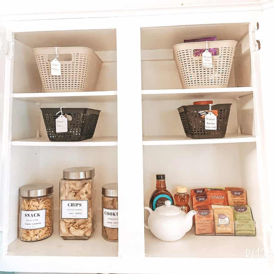 Pantry shelf with plastic organizers 