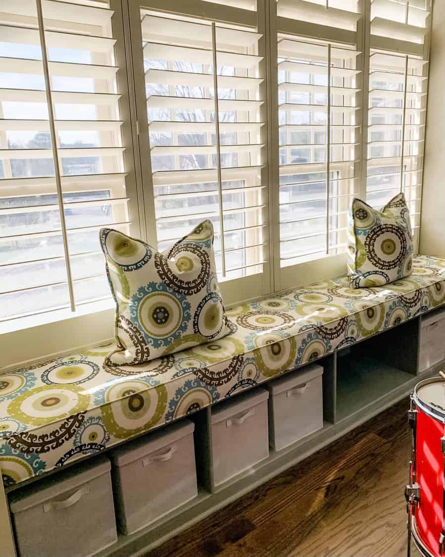 window seat with printed upholstery