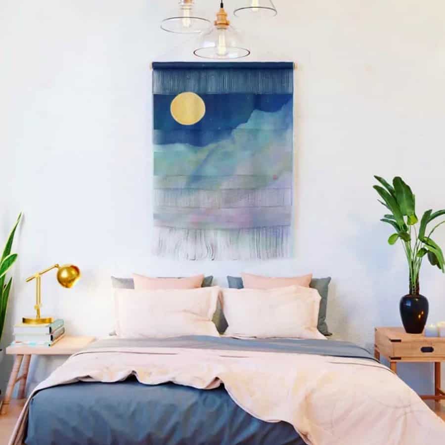 Dorm room with wall tapestry