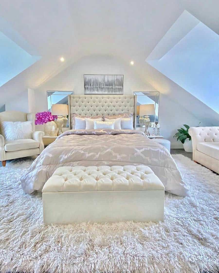 Luxurious white bedroom with a tufted bed, soft rug, armchairs, and decorative plants in a bright attic space