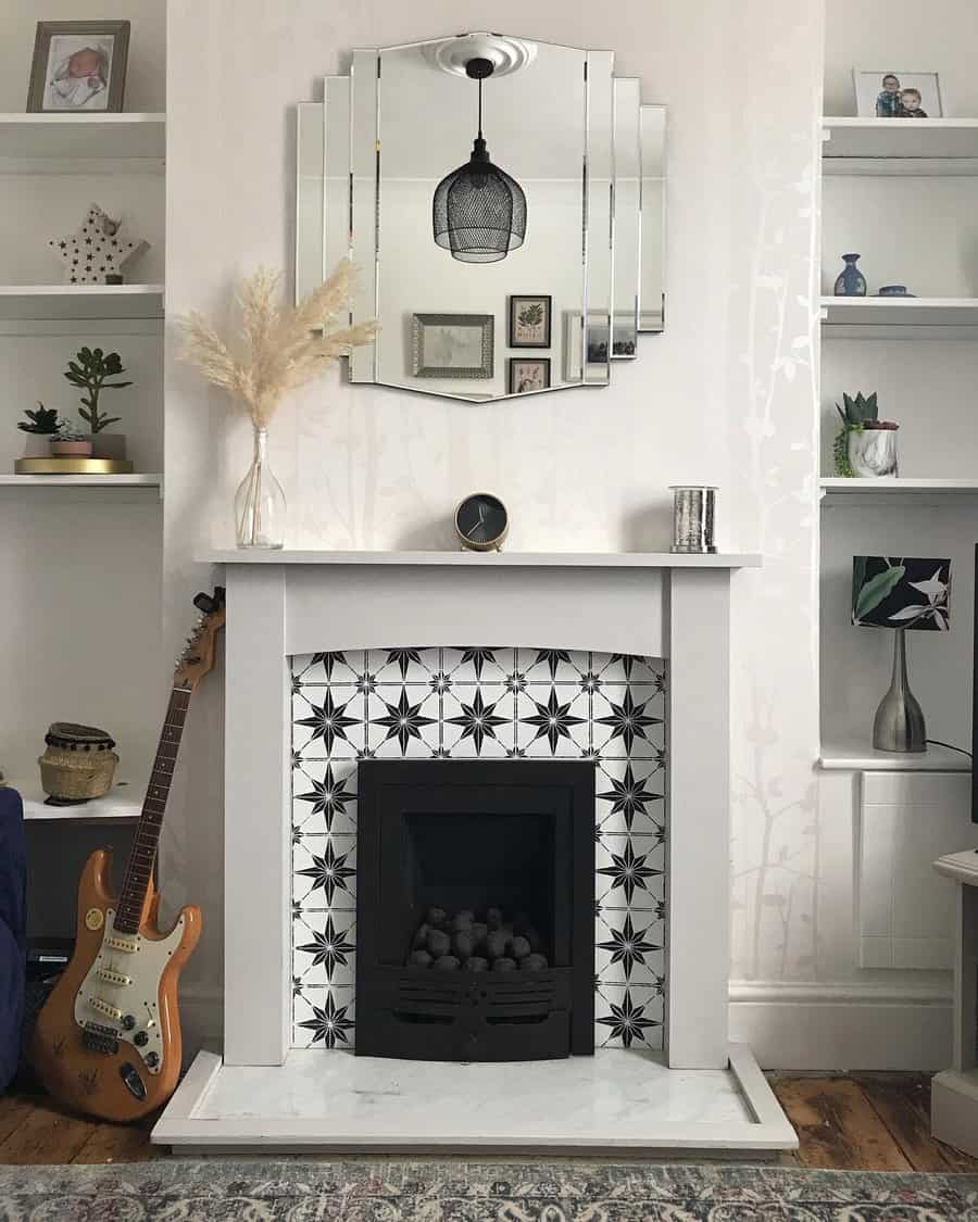 A stylish living room with a guitar, patterned fireplace, mirror, and decorative shelves with books, vases, and plants