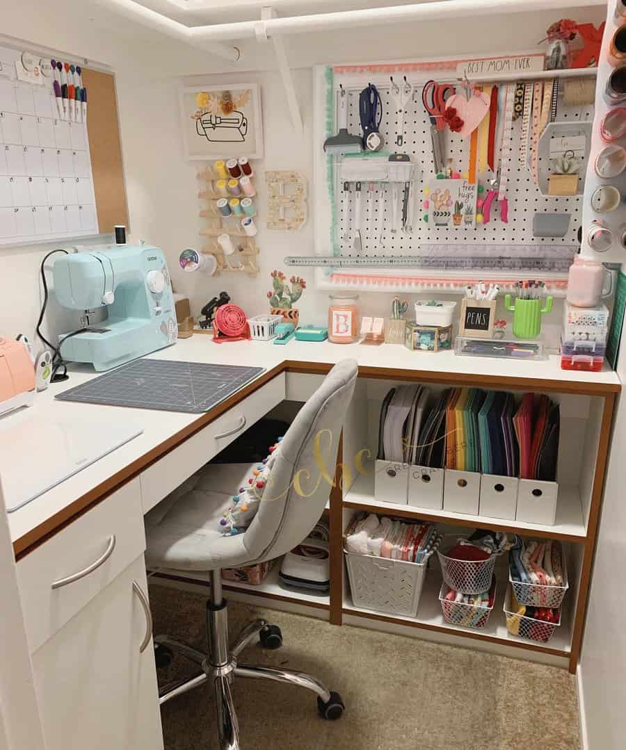 Craft room with storage bins and pegboard