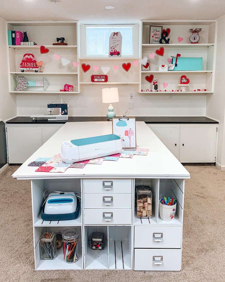 Valentine themed craft room with organized storage