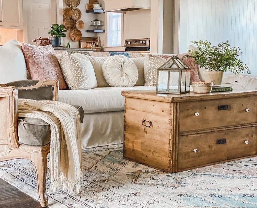 Cozy living room with a sofa, cushions, wooden chest coffee table, and armchair