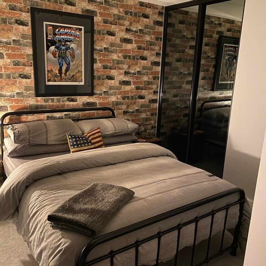 grey bedroom with brick accent