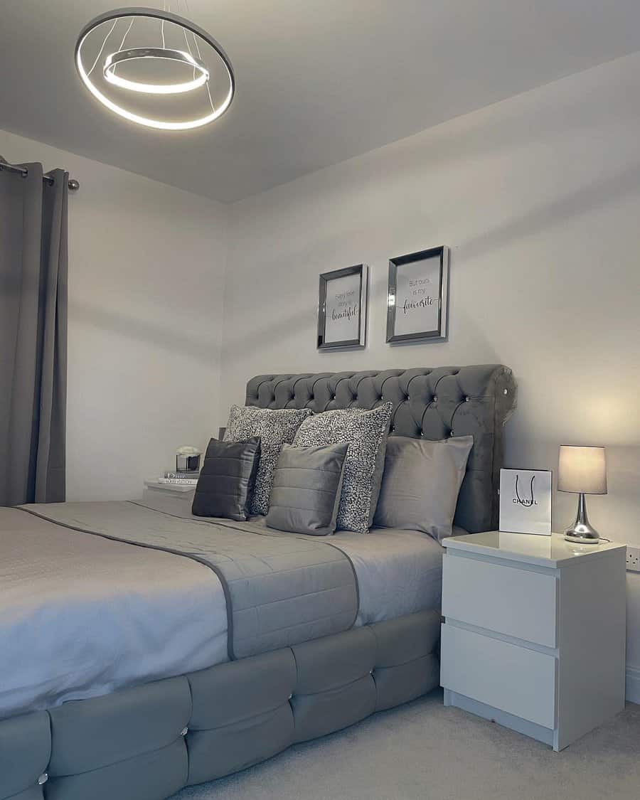 grey bedroom with warm lighting