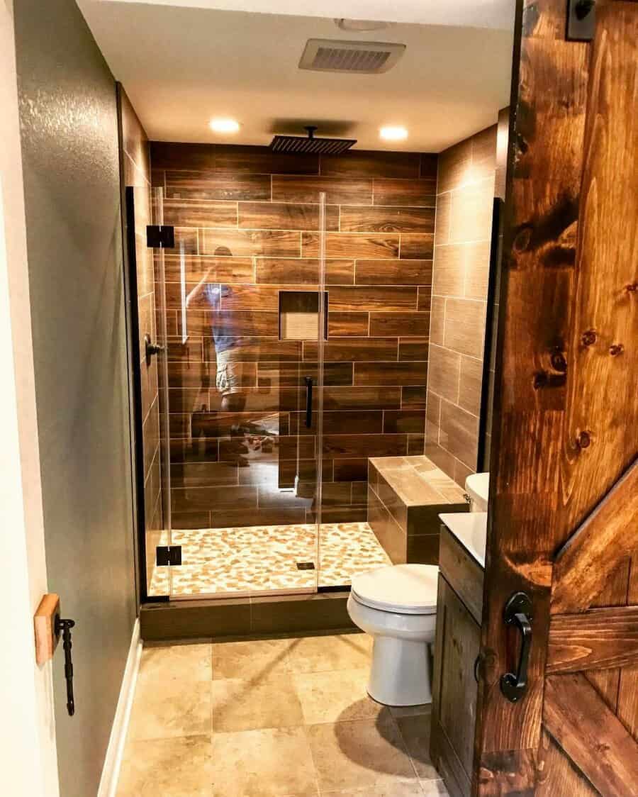 Basement bathroom with wood tiles 