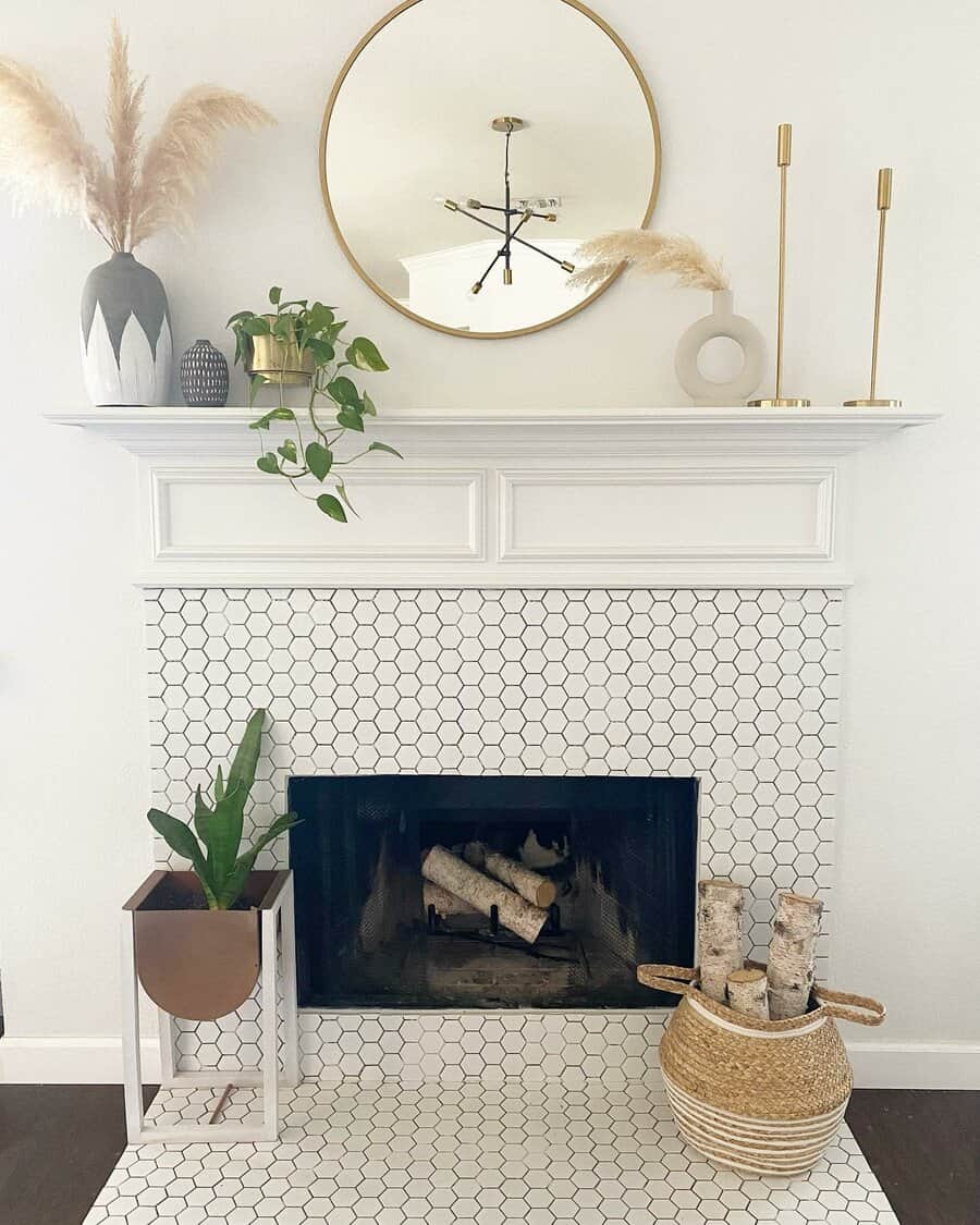 fireplace with white hexagon tiles 