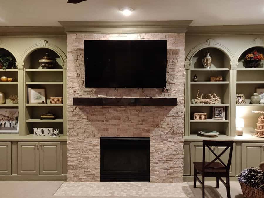 Stamped stone fireplace wall