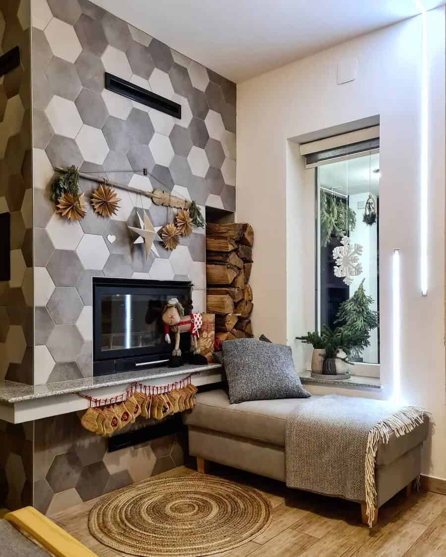 grey hexagon tile fireplace wall