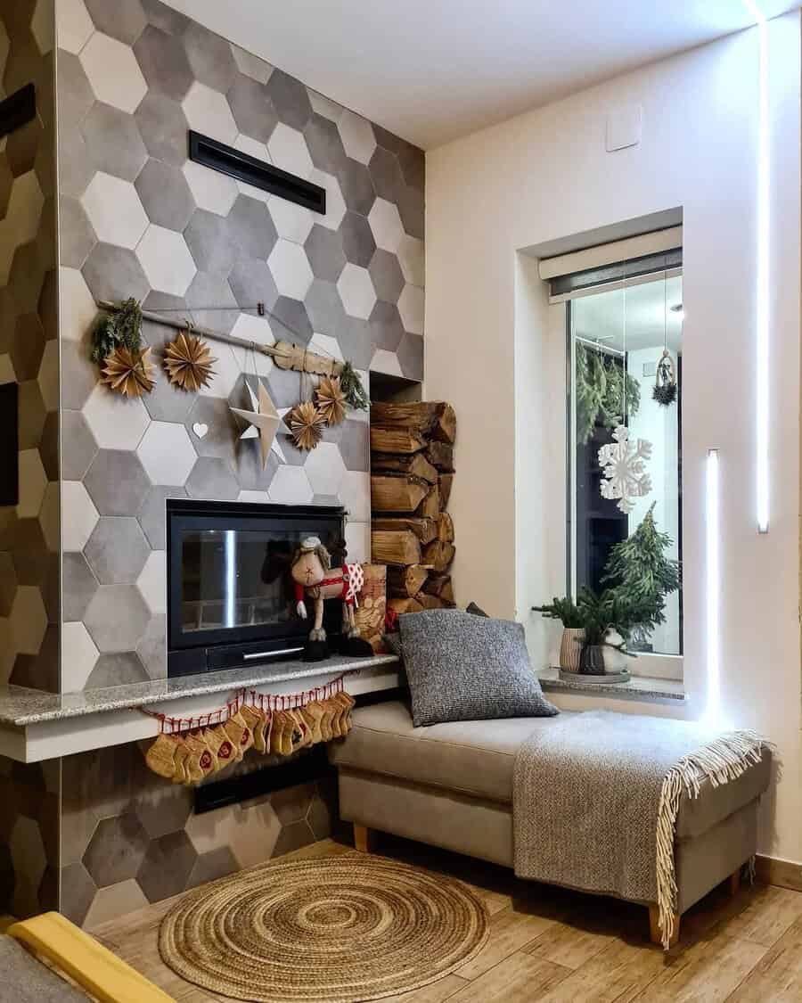 Grey hexagon tile fireplace wall