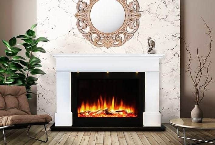 Elegant electric fireplace with a white mantel, marble accent wall, and warm lighting, creating a cozy and sophisticated living space.