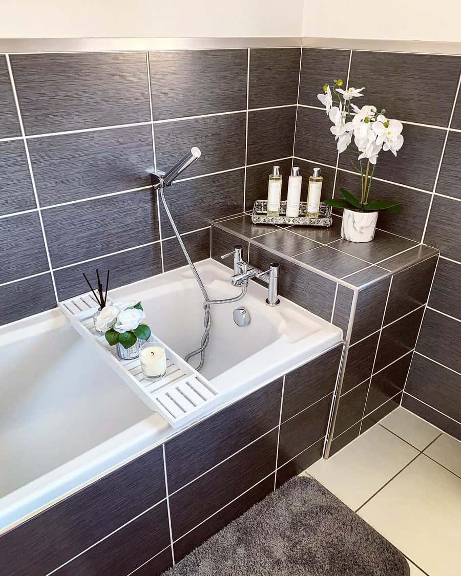bathroom with grey tiles