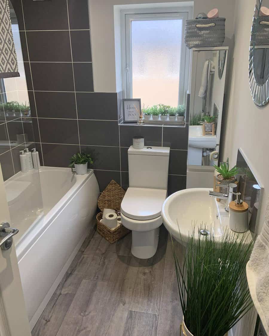 grey bathroom with plants