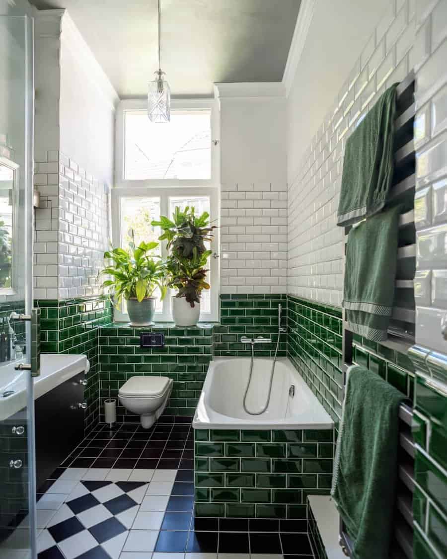 Modern Bathroom With Green Emerald Beveled Subway Tiles 
