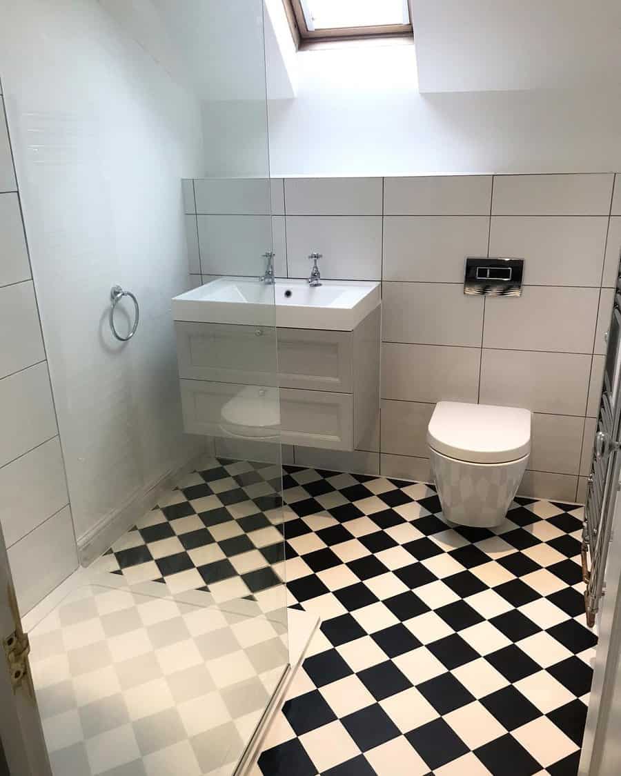 Bright bathroom with checkered floor and skylight