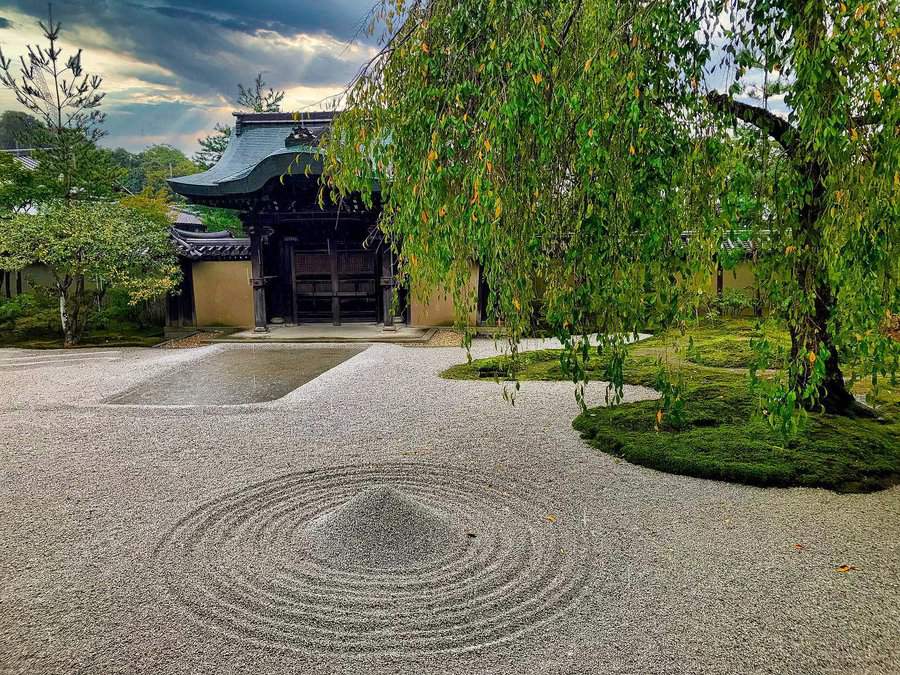 zen garden with drawn-on sand
