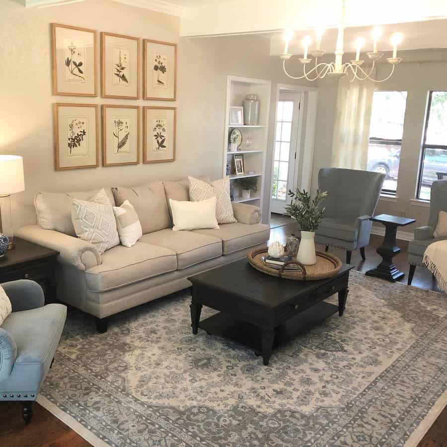 Traditional living room with elegant sofa and botanical art