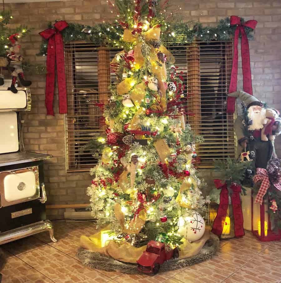 Festive Christmas tree decorated with lights, ribbons, and ornaments; red bows and holiday decorations surround the tree