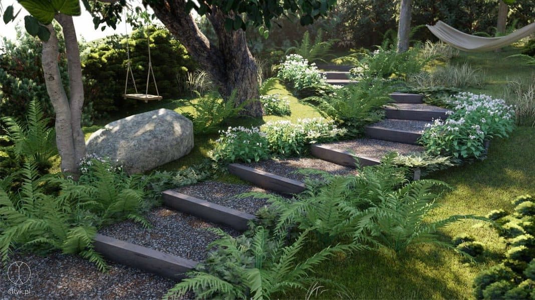 A lush garden with stone steps, ferns, a rock, and a swing. A hammock hangs between trees, creating a peaceful setting